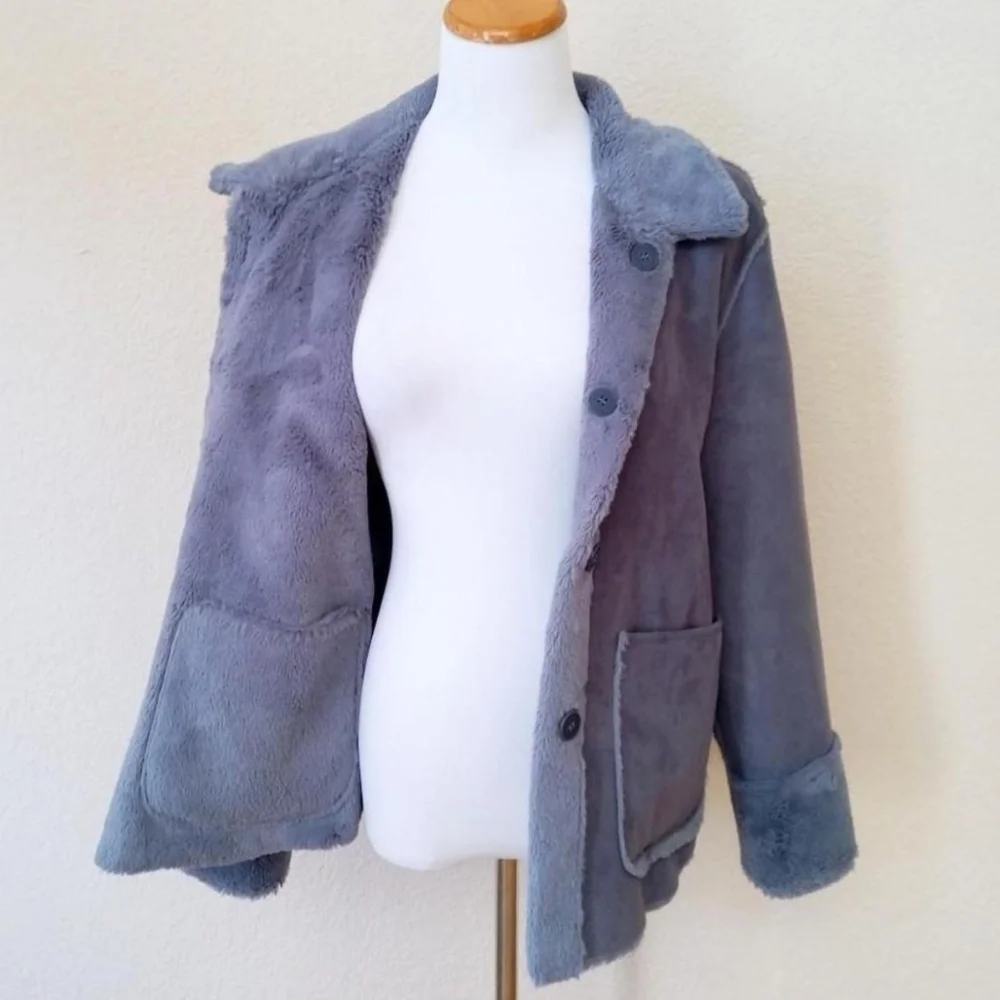 Brandon Thomas vintage Y2K blue gray/purple faux micro suede sherpa lined coat - Picture 4 of 8